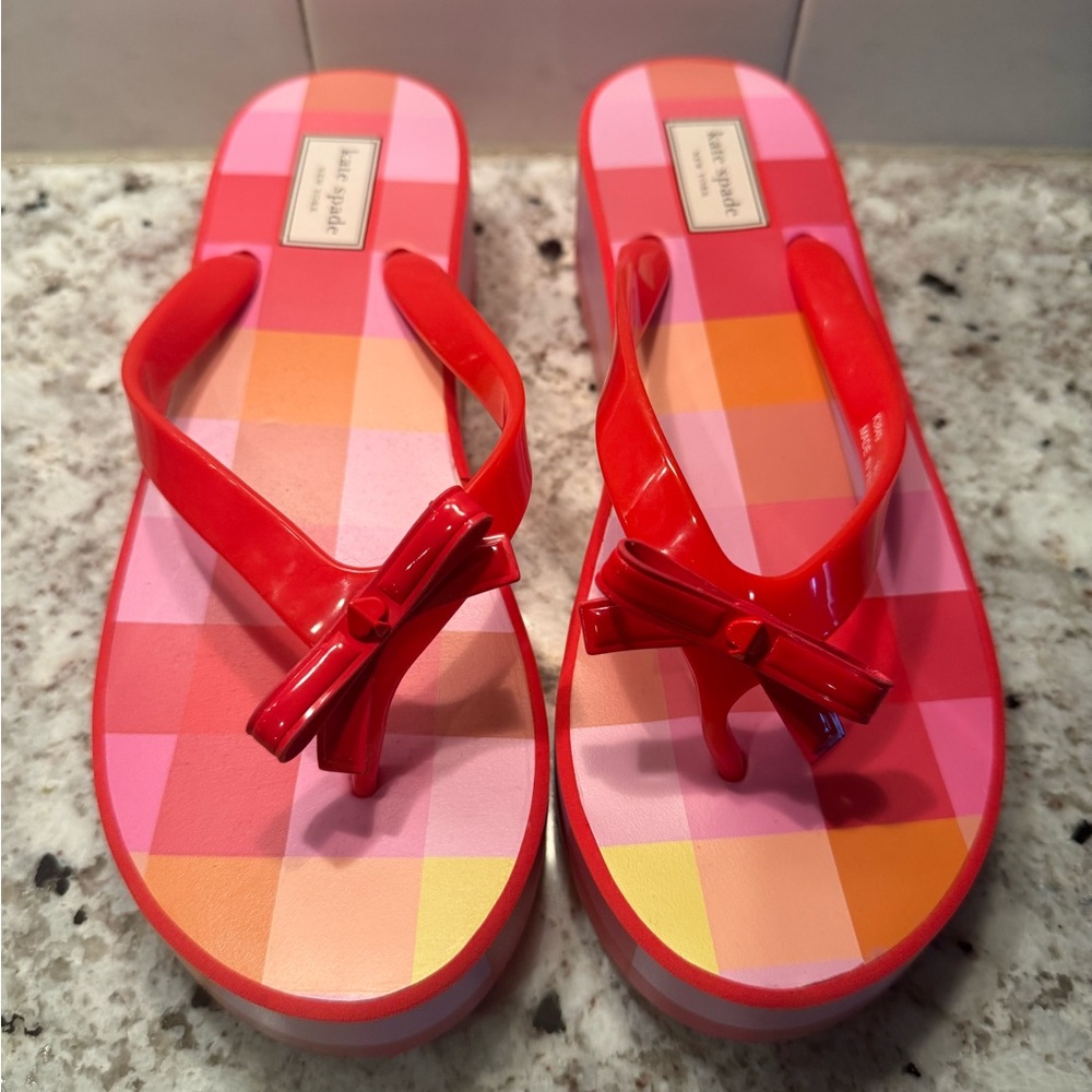 Kate Spade Red and Pink Plaid Flip Flops
